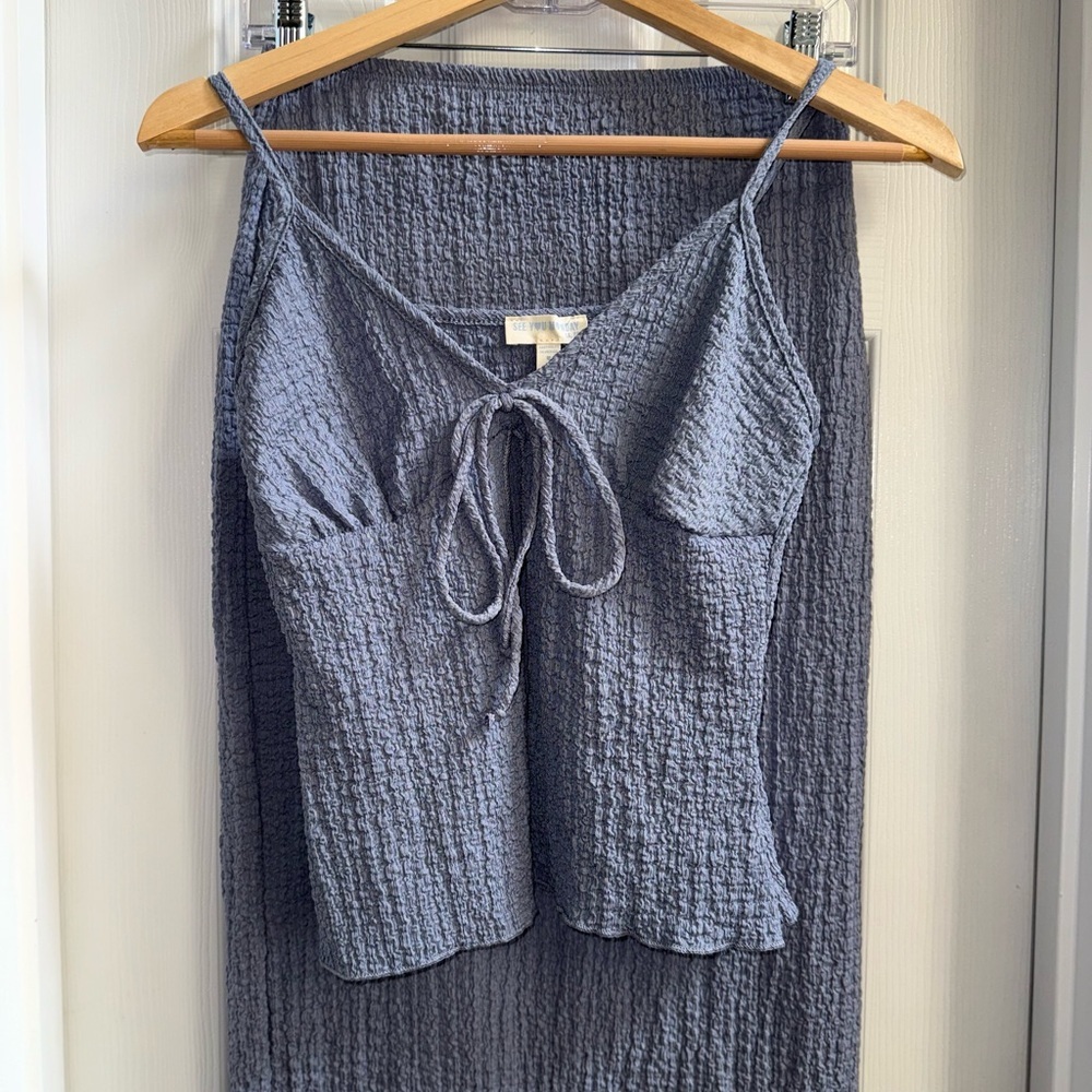 See You Monday textured tie Cami Maxi Skirt Set M NWOT Grey Blue Beachy Resort - Picture 8 of 16